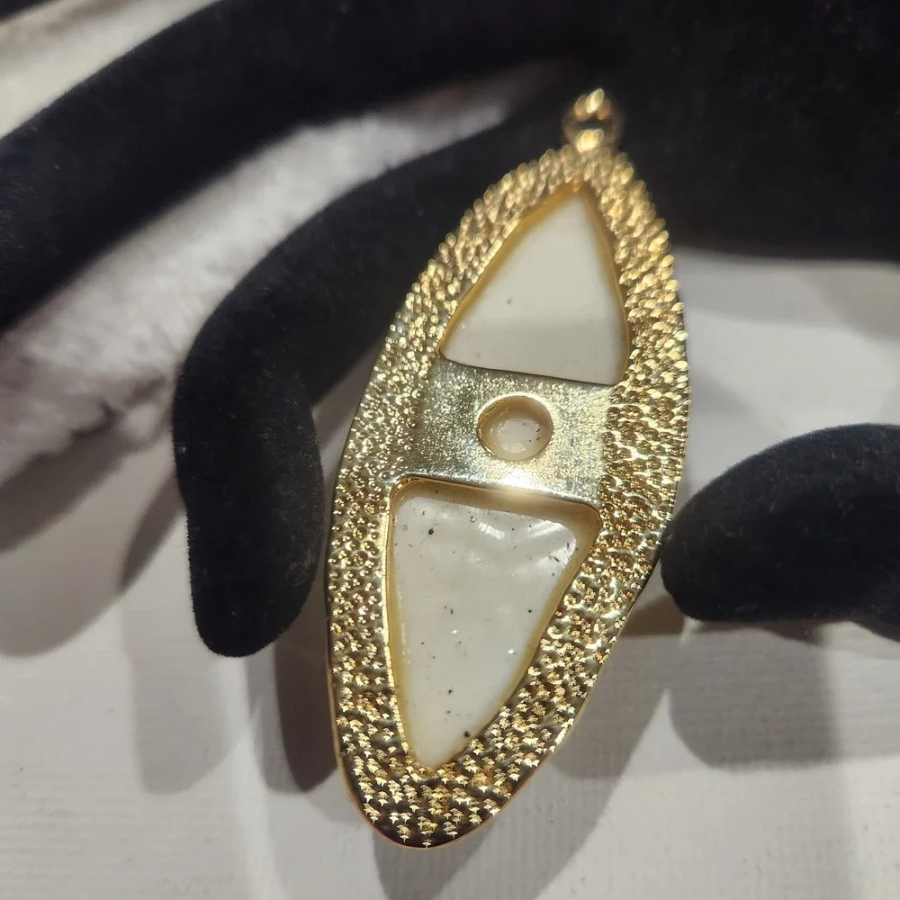 Vintage Gold Tone Pendant Marquise Abstract Resin White Gold Black Swirl chunky